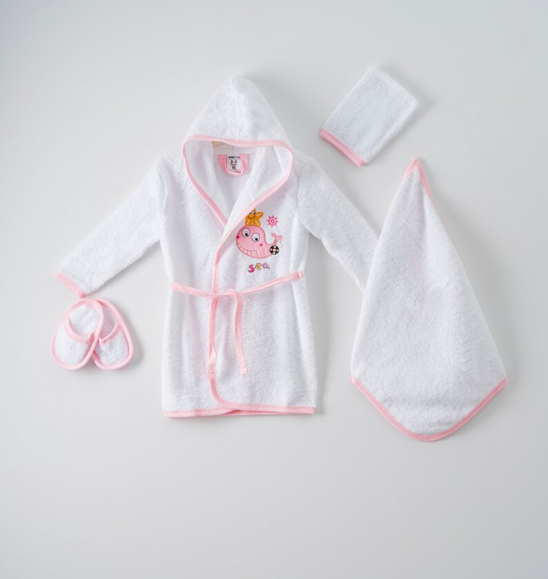 4 Pieces Bathrobe Set With Sea Theme 1-3Y Baby Bathrobe Toddler Bathrobe Bath Robe kid bathrobe Pink