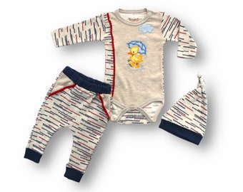 Baby Boy 3 Pieces Set (Bodysuit – Pant – Beret) 0-3M | 3-6M | 6-9M Baby boy 3 pieces set Baby boy outfit 100% Cotton