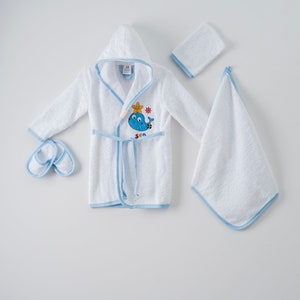 4 Pieces Bathrobe Set With Sea Theme 1-3Y Baby Bathrobe Toddler Bathrobe Bath Robe kid bathrobe Blue