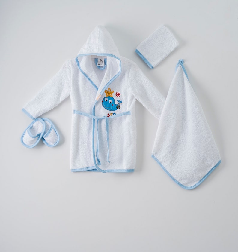 4 Pieces Bathrobe Set With Sea Theme 1-3Y Baby Bathrobe Toddler Bathrobe Bath Robe kid bathrobe Blue