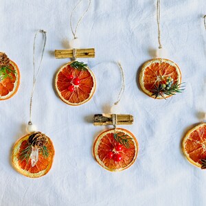 May include: A collection of dried orange slice ornaments, each with unique natural decorations. The ornaments feature dried orange slices, decorated with pine cones, berries, and cinnamon sticks, suspended by twine. Festive, handmade decorations.