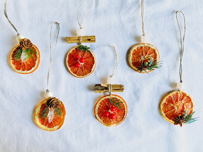 May include: A collection of dried orange slice ornaments, each with unique natural decorations. The ornaments feature dried orange slices, decorated with pine cones, berries, and cinnamon sticks, suspended by twine. Festive, handmade decorations.