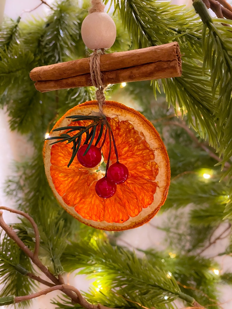 May include: A Christmas decoration comprising a dried orange slice, cinnamon sticks, and red berries, suspended by twine and a wooden bead. The ornament hangs against a backdrop of evergreen branches. The orange slice is approximately 7.6 cm in diameter.