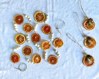 Dried Cara Cara Orange Slice Garland and Quartz Ornament Set, Yule Decor