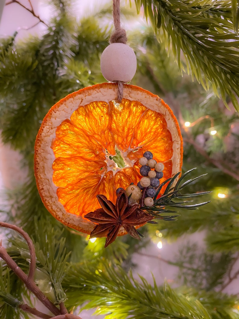 May include: A festive Christmas tree ornament featuring a dried orange slice, star anise, and berries. The orange slice is a bright orange colour and is translucent. It's suspended by twine and a wooden bead. The ornament hangs on a green Christmas tree branch.
