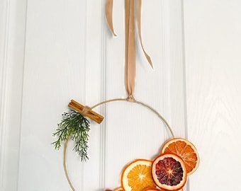 Dried Orange Slice Wreath with Cinnamon, Cedar, Gold Satin Ribbon, Natural Christmas Decoration, Yule Decoration, Yule Decor, Mixed Citrus