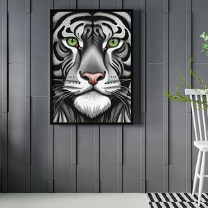 White and Black Tiger Print, green eyes/ Poster Tigre en blanco y negro con ojos verdes