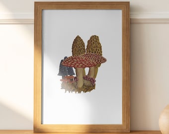 May include: A framed print of a watercolor illustration of a group of mushrooms. The mushrooms are red with white spots and have a yellow-brown stem. The background is white.