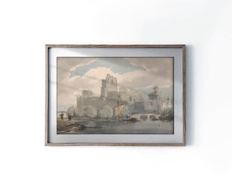 John Henderson "Castle on the Sea Coast" Art Print, Watercolor Landscape Poster, Earth Tones Wall Art, Vintage Art, Living Room Decor