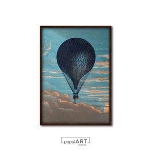 Póster de globo aerostático azul, decoración vintage para guardería, decoración de pared de viaje, arte de pared para habitación de niños, decoración de habitación de niños, idea de regalo, GRAN TAMAÑO