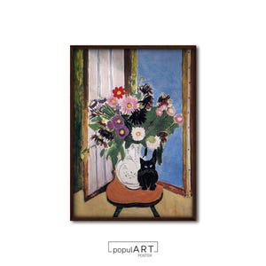 Lámina de gato de Henri Matisse, póster de flor y jarrón con gato de Matisse, arte de gato negro, póster de flores, póster de gato divertido, arte de pared para dormitorio, GRAN TAMAÑO