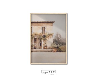 Farmhouse Poster, Vintage European Landscape Oil Painting, French Architecture Print, Neutral Tones Art Print, Fine Art Poster, OVERSIZE