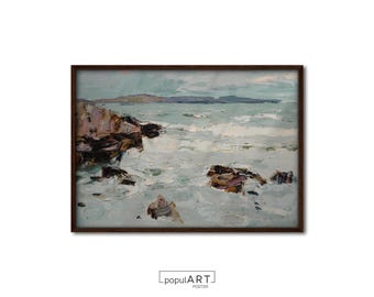 Vintage Seascape Painting, Coastal Art Print, Nautical Decor, Beach House Decor, Antique Seascape Wall Art, Textured Painting, OVERSIZE