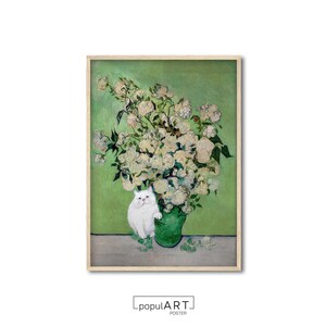Póster de gato de Van Gogh, estampado de gato con flores, arte mural de gato tierno, póster de gato blanco, póster de rosa y jarrón, estampado de gato divertido, decoración del hogar, GRAN TAMAÑO