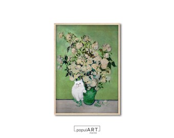 Van Gogh Cat Poster, Flower Cat Print, Cute Cat Wall Art, White Cat Poster, Rose and Vase Poster, Funny Cat Print, Home Decoration, OVERSIZE