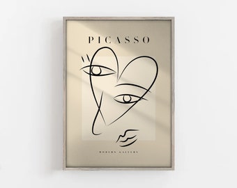 Picasso Poster, Picasso Herz Line Art, Hochzeitsgeschenk, Face Line Art, One Line Art, Boho Wandkunst, Minimal Decor, Modern Print, Geschenkidee