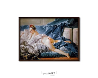 May include: A painting of a woman reclining on a bed with blue and white linens. She is wearing a white gown and has a red flower in her hair. The painting is set in a room with a window and a door.