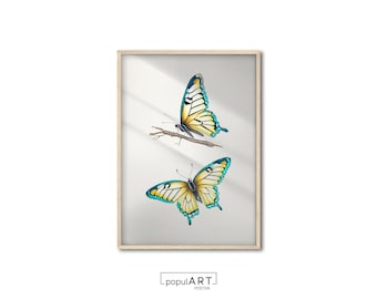 Schmetterling Wandbild, Vintage Schmetterlingsdruck, Aquarell Bauernhaus Wandkunst, Eklektische Tierkunst, Schlafzimmerdekor, Gedrucktes Poster, OVERSIZE