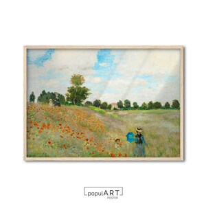 以下が含まれることがあります： 赤いポピーの花畑の絵画。人々が花畑の中を歩いています。空は青く、雲がかかっています。遠くには小さな村が見えます。