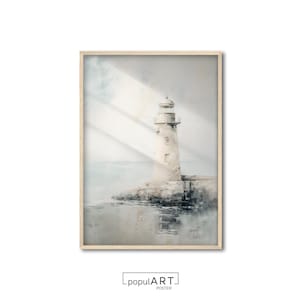 Stampa faro vintage, paesaggio oceanico, paesaggio nautico, poster tono neutro, dipinto a olio, arte murale per la stanza, OVERSIZE