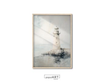 Impresión de faro vintage, paisaje oceánico, paisaje náutico, póster en tono neutro, pintura al óleo, arte de pared para habitación, GRAN TAMAÑO