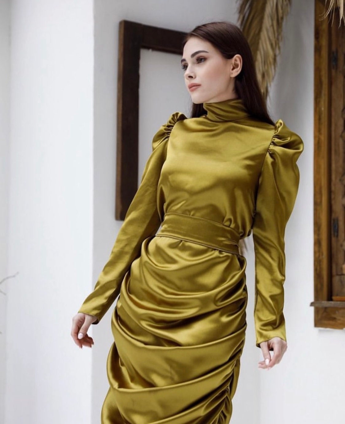 Gold satin trapeze dress / dress / evening dress