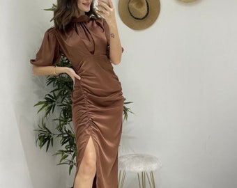 Robe en satin marron / robe de soirée à manches ballon / robe / robe de soirée