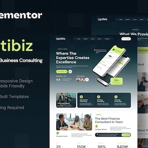 Pode incluir: Um kit de modelos de sites para consultoria financeira e empresarial, com a marca Optibiz. O design é responsivo e compatível com dispositivos móveis, com 10 modelos pré-construídos. A imagem mostra um design de site com o texto "Where The Expertise Creates Excellence."