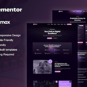 May include: A website screenshot showing a dark background with a purple and pink gradient. The text "Your Path to Digital Excellence" is displayed in white. The website is for a company called "DigiMax" and offers website design services. The website also features a price of $199.