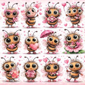 Könnte beinhalten: Eine Sammlung von Cartoon-Bienen mit großen Augen, die Accessoires wie Brillen, Blumenkränze und Schals tragen. Einige Bienen halten Herzen, Blumen und Geschenke. Der Hintergrund ist rosa mit Herzformen, was ein skurriles und niedliches Thema ergibt.