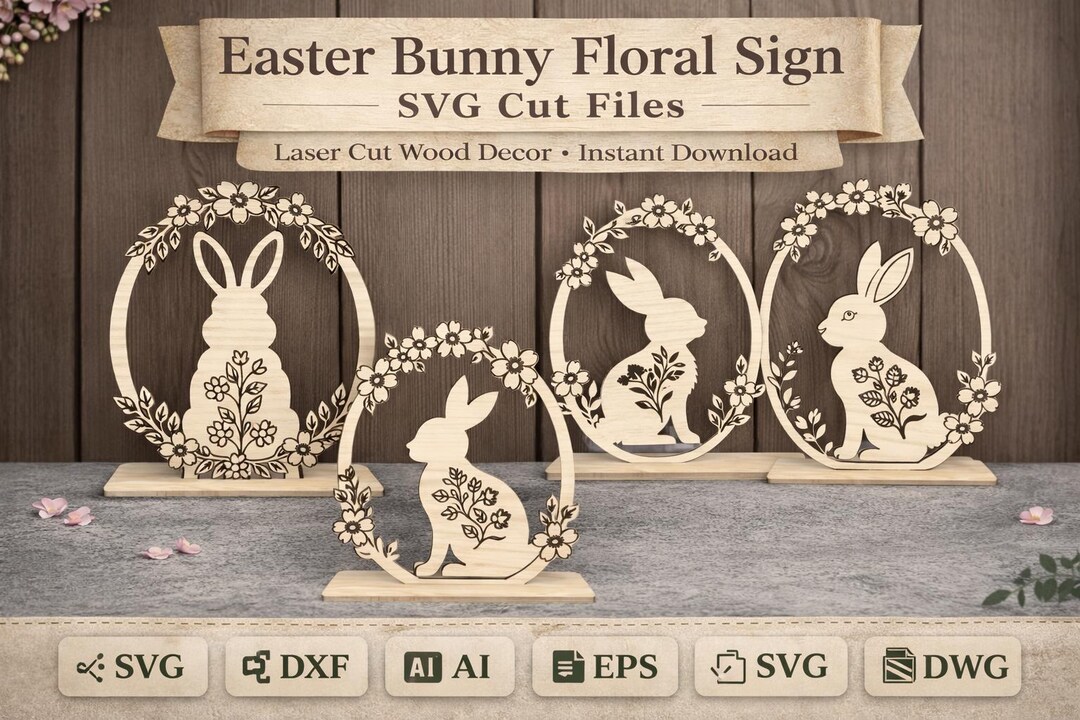 Floral Easter Bunny Laser Cut SVG Bundle | Bunny Wreath SVG Files for ...