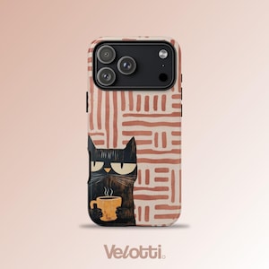 Black Cat Phone Case, Boho Terracotta Cover, Cute Grumpy Cat Gift Compatible With iPhone, Samsung