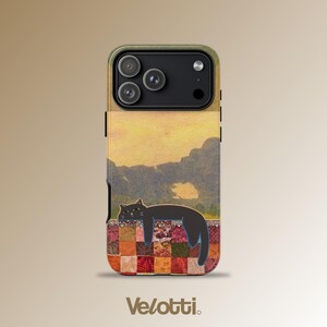 Mobilskal med svart katt som kikar, vintage-patchwork-landskapsskal, mysig present till kattälskare, kompatibel med iPhone, Samsung
