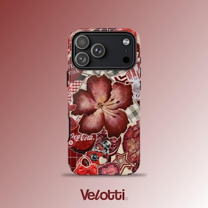 May include: A smartphone case featuring a collage of red-toned imagery, including a large central flower, a Coca-Cola bottle cap, a vintage camera, a handbag, and star shapes. The design incorporates various patterns and the text Coca-Cola.