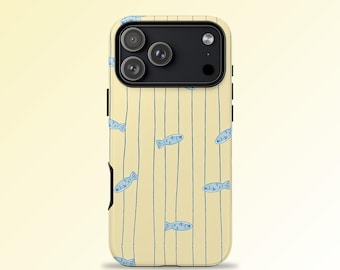 Blue Fish Phone Case, Coastal Stripe Cover, iPhone Samsung Protection (Matte/Glossy)