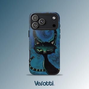 May include: A smartphone case featuring a dark blue background with a black cat illustration. The cat has one green eye, a stitched eye, and long pointed ears. The camera module is black with three lenses and a flash. The word Velotti is printed below.