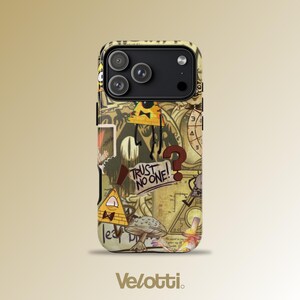 May include: A smartphone case featuring a collage of yellow triangular characters with one eye and black bow ties, a mushroom, and the text "TRUST NO ONE!" printed in black ink. The background is a tan, parchment-like design with various cryptic symbols.