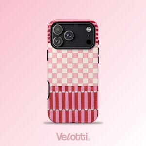 Pink Checkerboard Phone Case, Painterly Stripe Cover, Red and Cream Patchwork, Gift for Her, Compatible with iPhone, Samsung