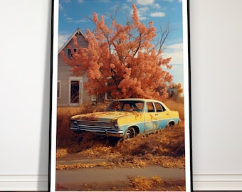 Abandoned car in front of House - Fine Art Poster, Digital Art, professioneller und hochauflösender Druck