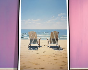 Zomerzon op het strand, strandstoelen - Fine Art Poster Print, Gallery Print, kunst aan de muur, decoratie, cadeau