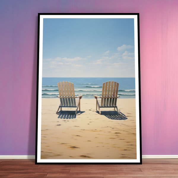 Sommer Sonnenschein am Strand, Strandstühle - Fine Art Poster Druck, Galerie Druck, Wandkunst, Dekoration, Geschenk