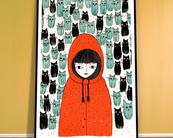 Meisje met katten illustratie, popart - Fine Art Poster Print, Gallery Print, kunst aan de muur, decoratie, cadeau