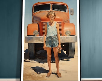 Girl in Front of Truck, Painting, Photorealism, Pop Art - Fine Art Poster Print, Gallery Print, Wall Art, Home Decoration, Gift