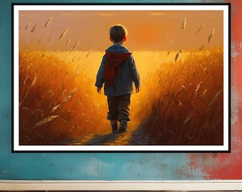 Kleine jongen loopt door maïsveld, zonsondergang - Fine Art Poster Print, Gallery Print, Wall Art, Decoratie, Cadeau