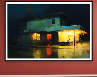 Bar 's nachts, regenachtige nacht, popart, Amerikaanse kunst - Fine Art Poster Print, Gallery Print, kunst aan de muur, decoratie, cadeau