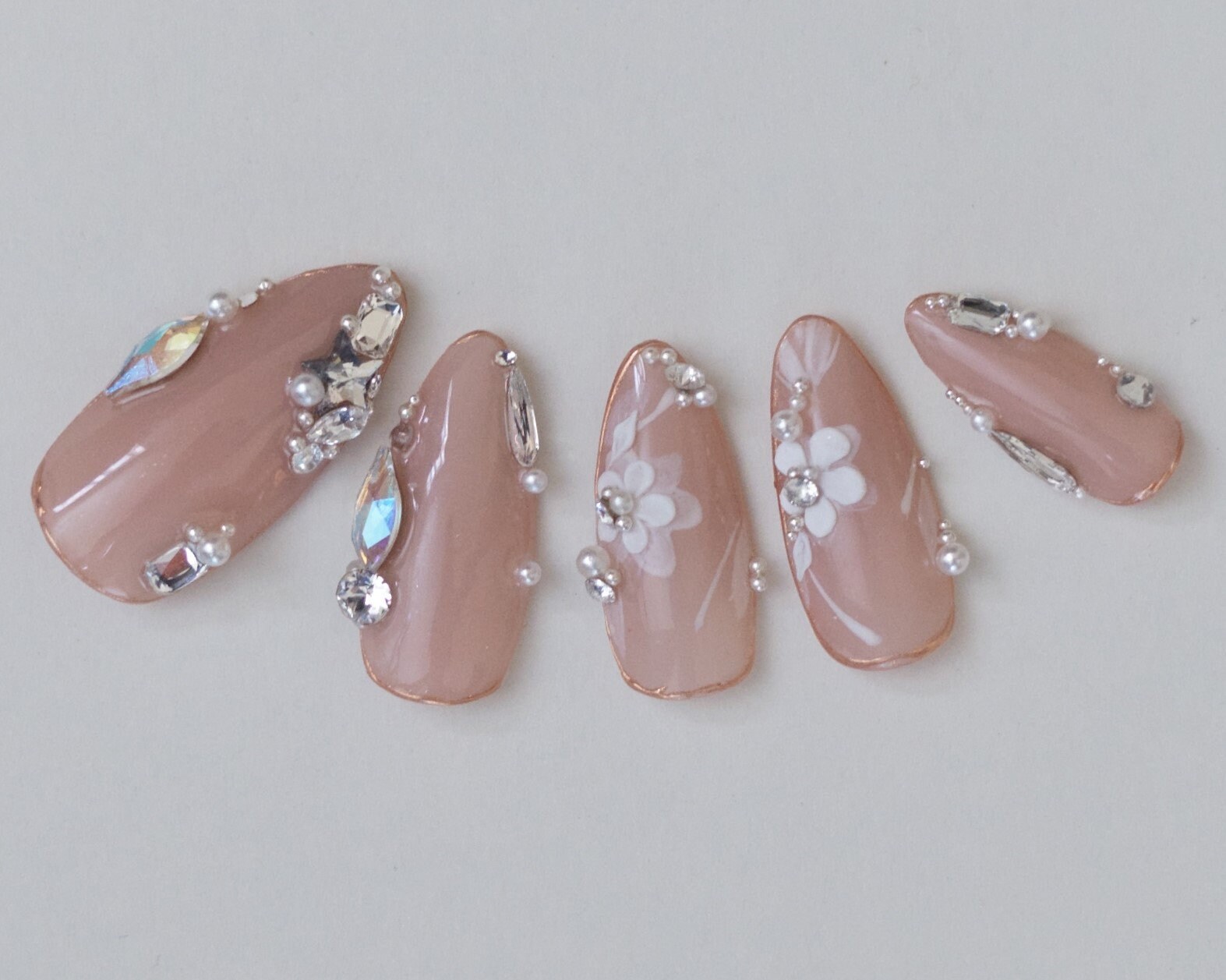 Pink Blossom Bridal Press on Nails With Crystals Pearls - Etsy