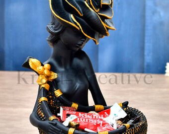 KraftsCreative Elegant Lady Statue with Basket - 27cm High Handcrafted Resin Statue