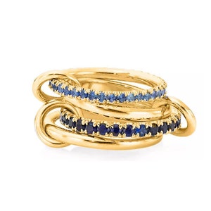 14K Solid Gold Multi Link Connected Ring Chunky Connector Ring Gold Ring Set Eternity Statement Interlocking Silver Ring 4 band blue sapphir