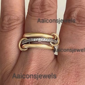 14K Yellow Gold Multi Link Connected Ring, Chunky Gold Connector Ring, Diamond Multi Link Ring, Three Link Ring, Connector interlocking Ring