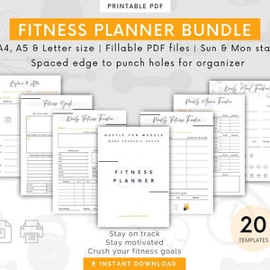 Digital Fitness Planner Bundle | Printable Fitness Planner Bundle | Health and Fitness Weight Loss Calorie Tracker | A4, A5, Letter Size